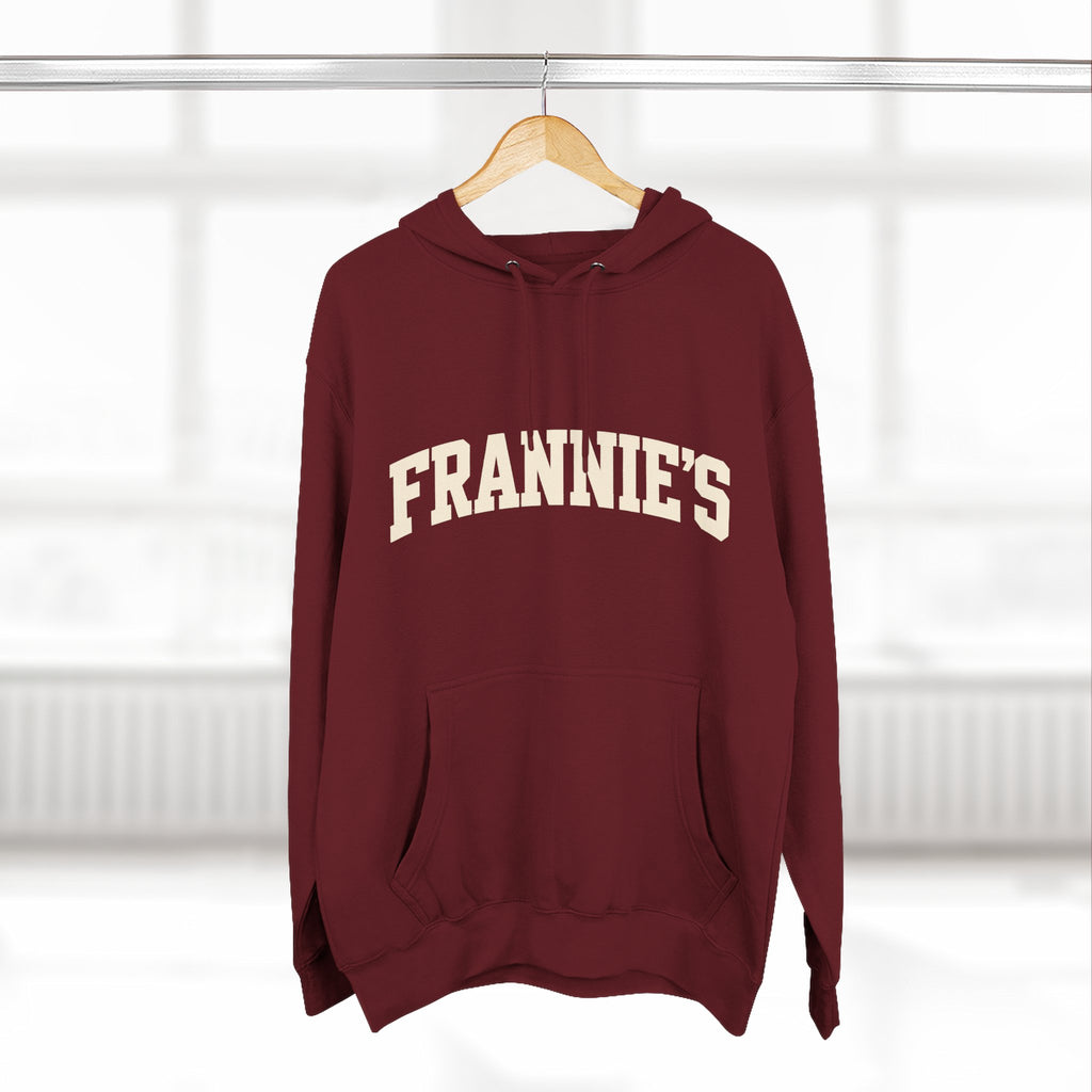 Frannie's varsity hoodie in Burgundy: on a hanger