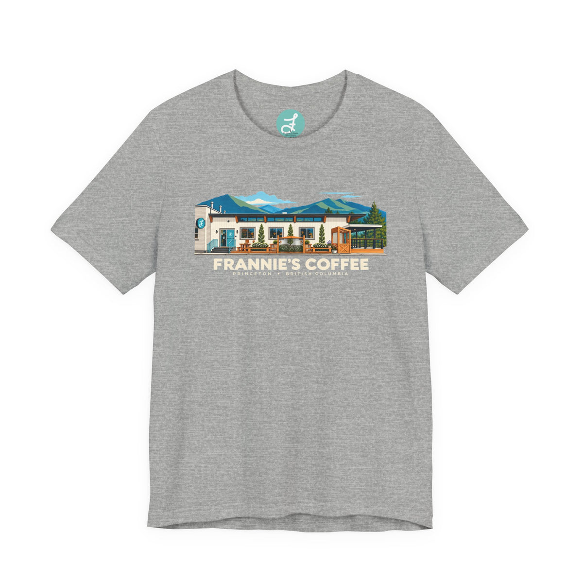 Frannie's Coffee Princeton, BC t-shirt in Athletic Heather: front with the Princeton café illustration