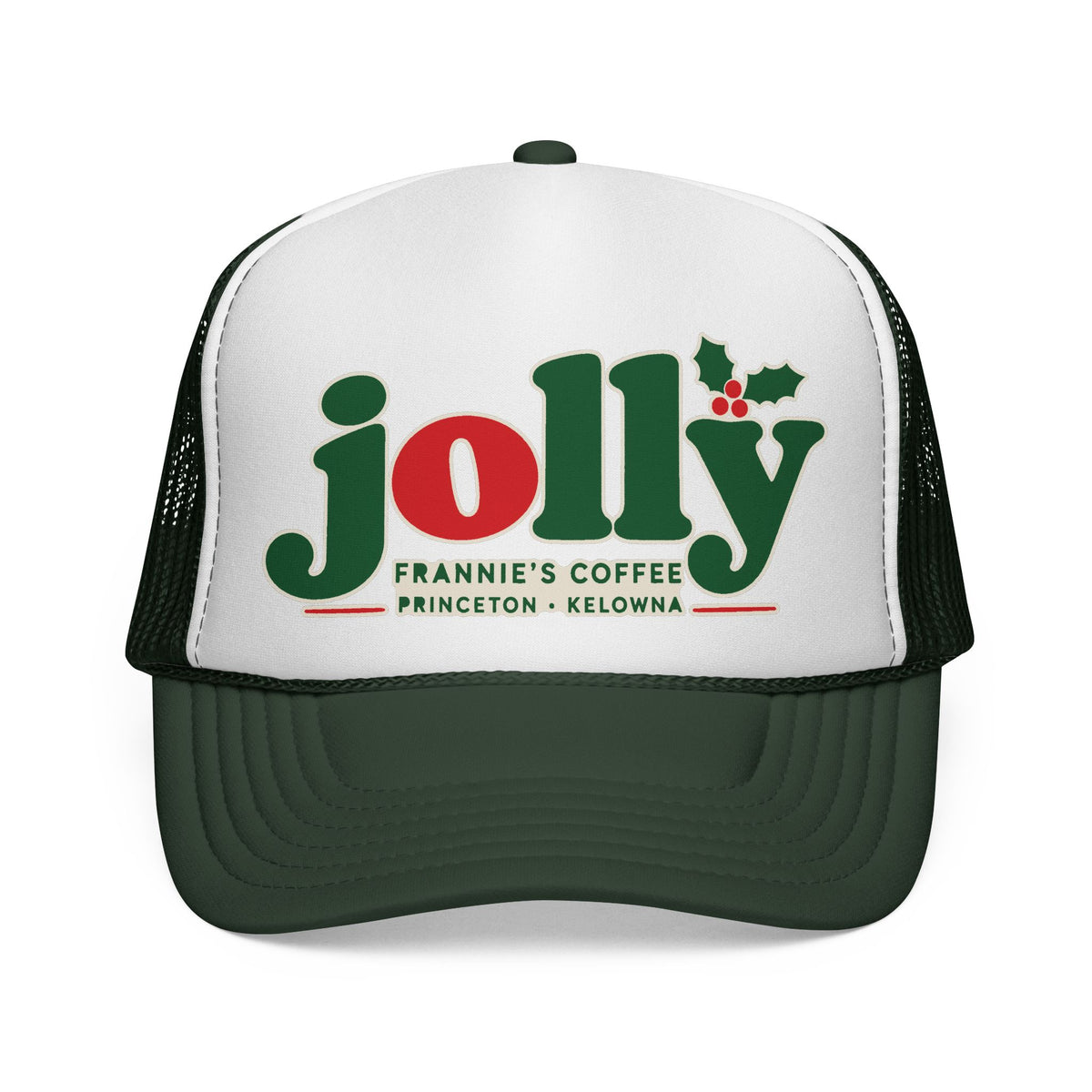 Frannie's Jolly Christmas Trucker Cap in Dark Green with the holly jolly Frannie's Coffee logo