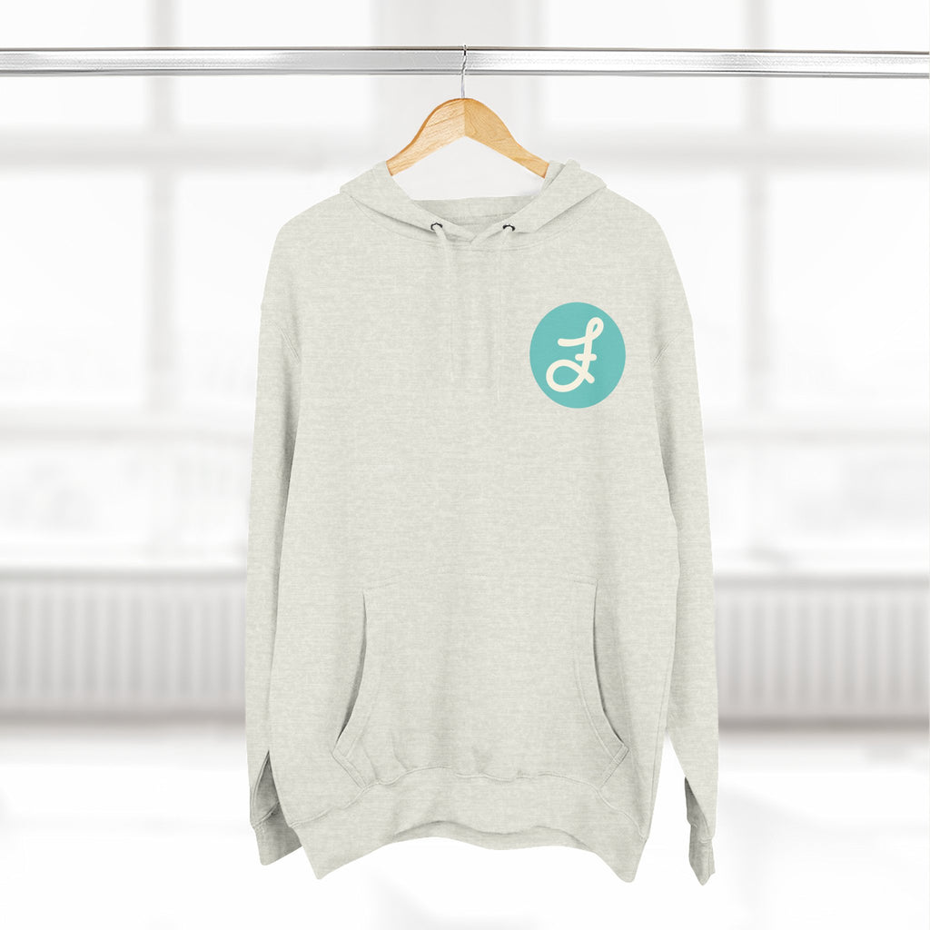 Frannie's Coffee logo hoodie in Oatmeal Heather: on a hanger