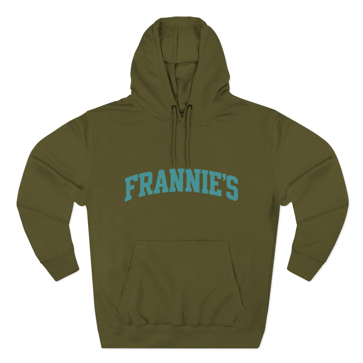 Frannie's varsity hoodie in Army Green: front with arched FRANNIE'S lettering