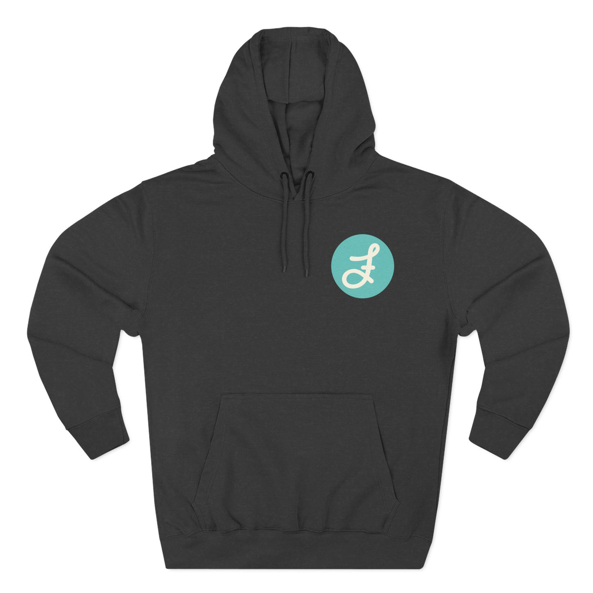 Frannie's Coffee logo hoodie in Charcoal Heather: front with the F logo on the left chest