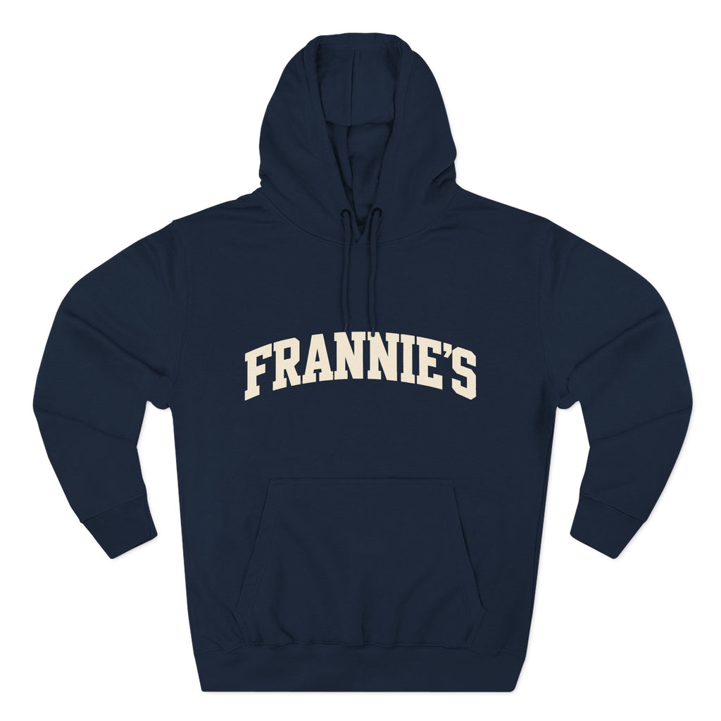 Frannie's varsity hoodie in Navy: front with arched FRANNIE'S lettering