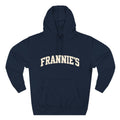Frannie's varsity hoodie in Navy: front with arched FRANNIE'S lettering