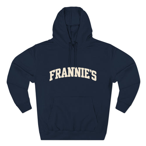 Frannie's varsity hoodie in Navy: front with arched FRANNIE'S lettering