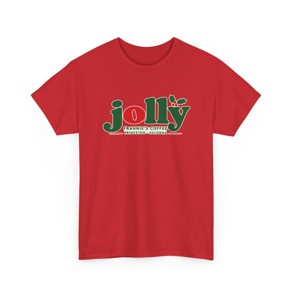 Frannie's Jolly Christmas Tee in Red with the holly jolly Frannie's Coffee logo