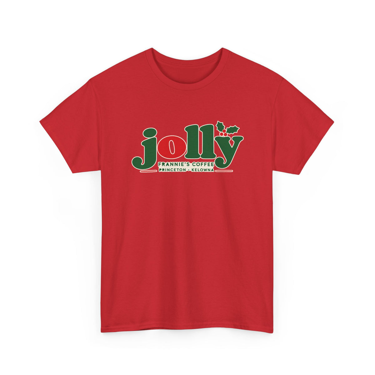Frannie's Jolly Christmas Tee in Red with the holly jolly Frannie's Coffee logo