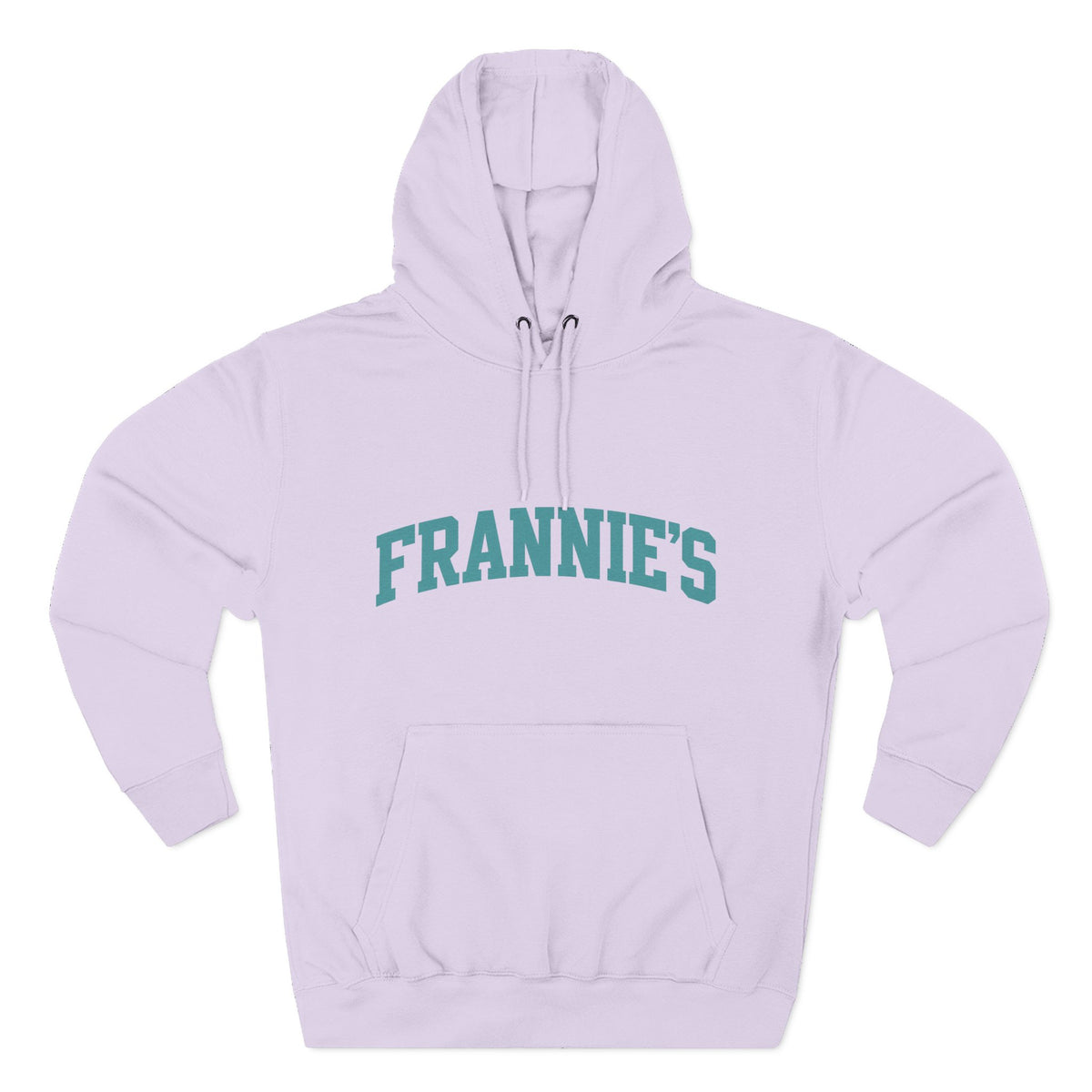 Frannie's varsity hoodie in Lilac: front with arched FRANNIE'S lettering