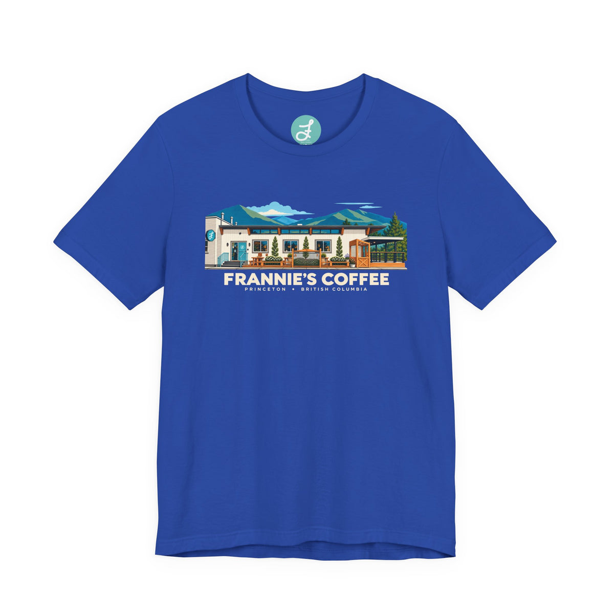 Frannie's Coffee Princeton, BC t-shirt in True Royal: front with the Princeton café illustration