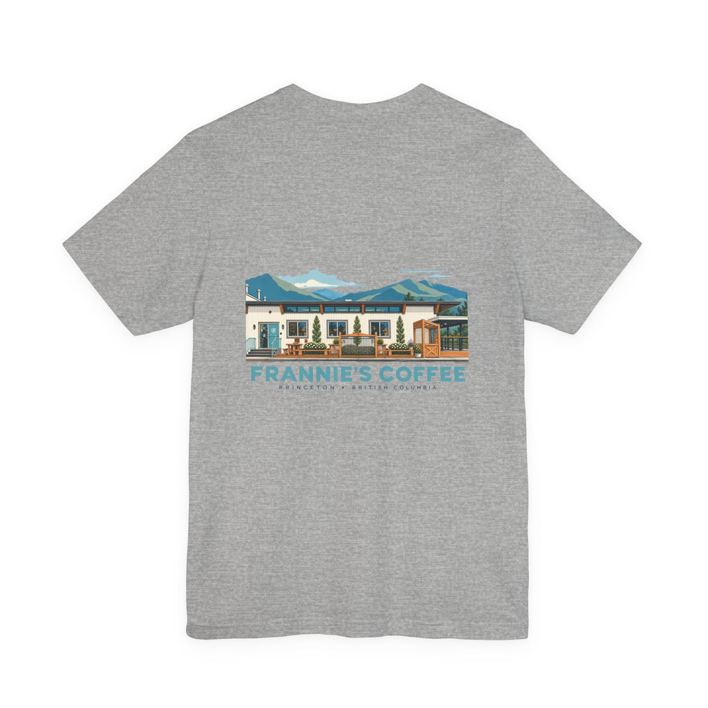 Frannie's Coffee Princeton, BC t-shirt in Athletic Heather: back print of the Princeton café illustration