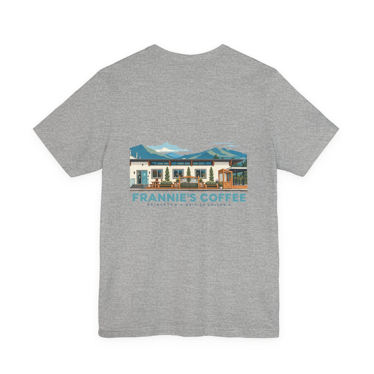 Frannie's Coffee Princeton, BC t-shirt in Athletic Heather: back print of the Princeton café illustration