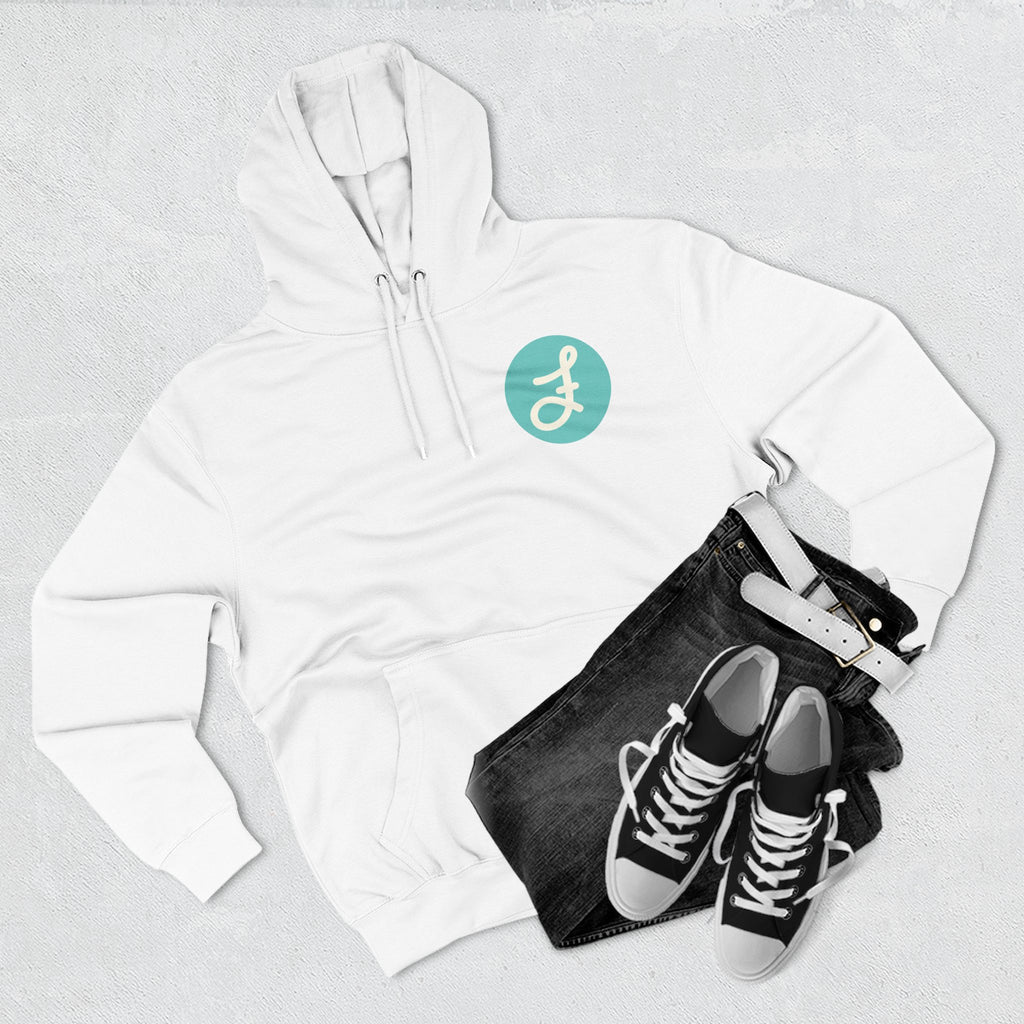 Frannie's Coffee logo hoodie in White: laid flat with jeans and sneakers