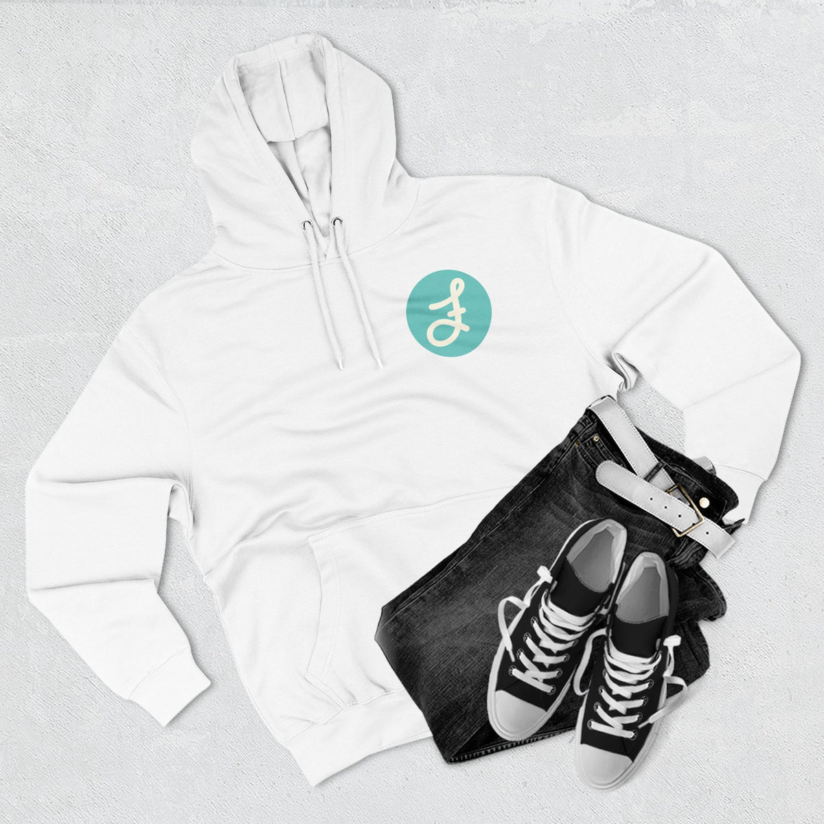 Frannie's Coffee logo hoodie in White: laid flat with jeans and sneakers