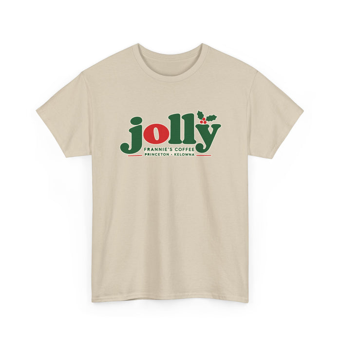Frannie's Jolly Christmas Tee in Sand with the holly jolly Frannie's Coffee logo