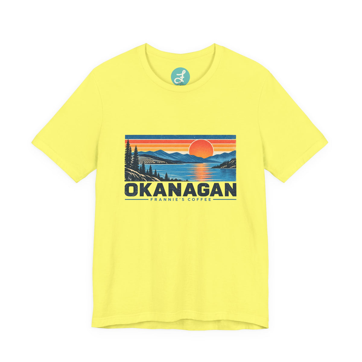 Frannie's Coffee Okanagan t-shirt in Yellow: front with the Okanagan lake sunset print