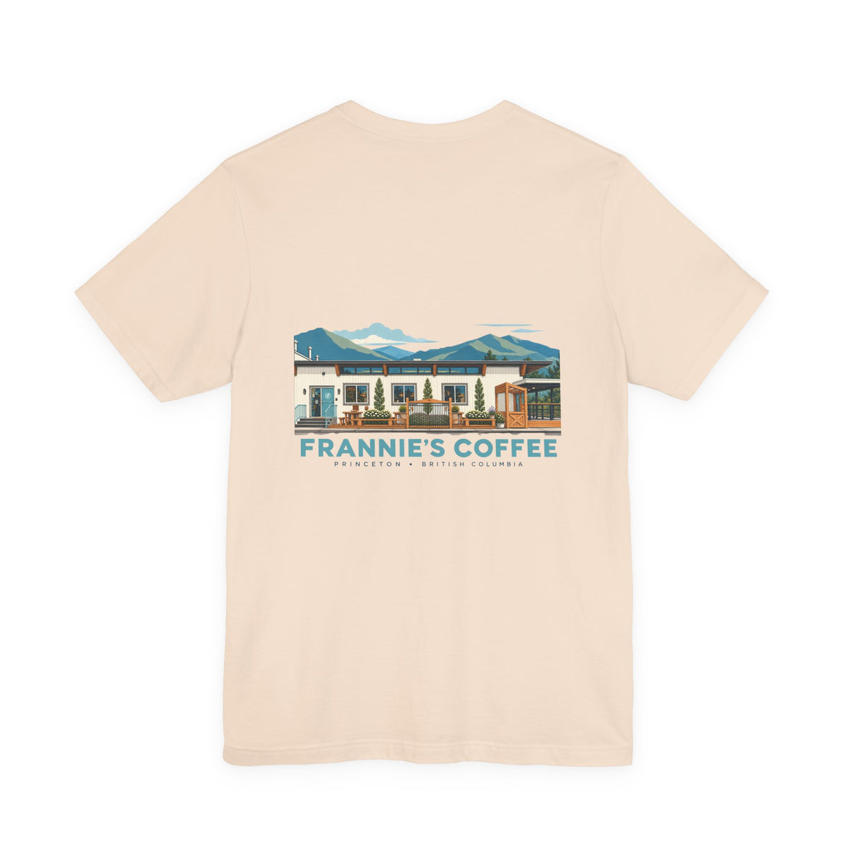 Frannie's Coffee Princeton, BC t-shirt in Soft Cream: back print of the Princeton café illustration