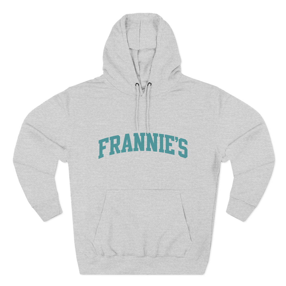 Frannie's varsity hoodie in Heather Grey: front with arched FRANNIE'S lettering