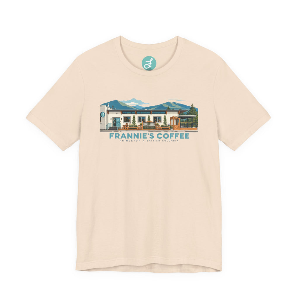Frannie's Coffee Princeton, BC t-shirt in Soft Cream: front with the Princeton café illustration