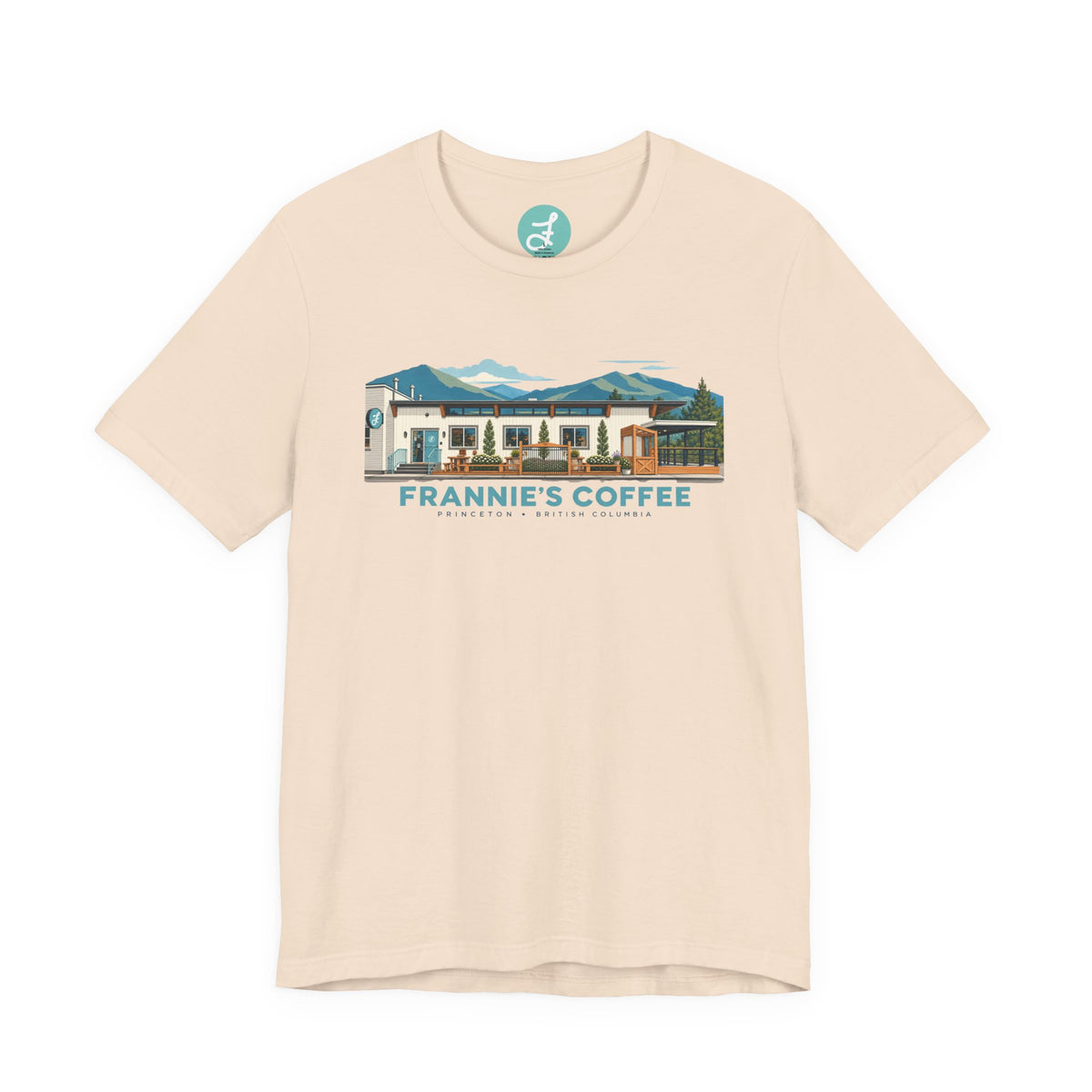 Frannie's Coffee Princeton, BC t-shirt in Soft Cream: front with the Princeton café illustration