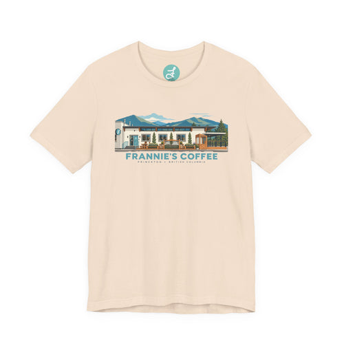 Frannie's Coffee Princeton, BC t-shirt in Soft Cream: front with the Princeton café illustration