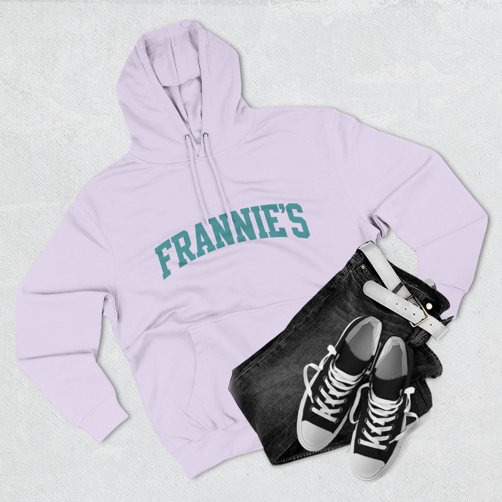 Frannie's varsity hoodie in Lilac: laid flat with jeans and sneakers