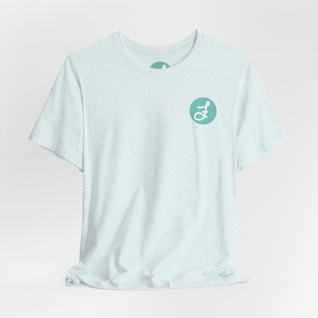 Frannie's Coffee Princeton, BC t-shirt in Heather Ice Blue: front with the F logo on the left chest