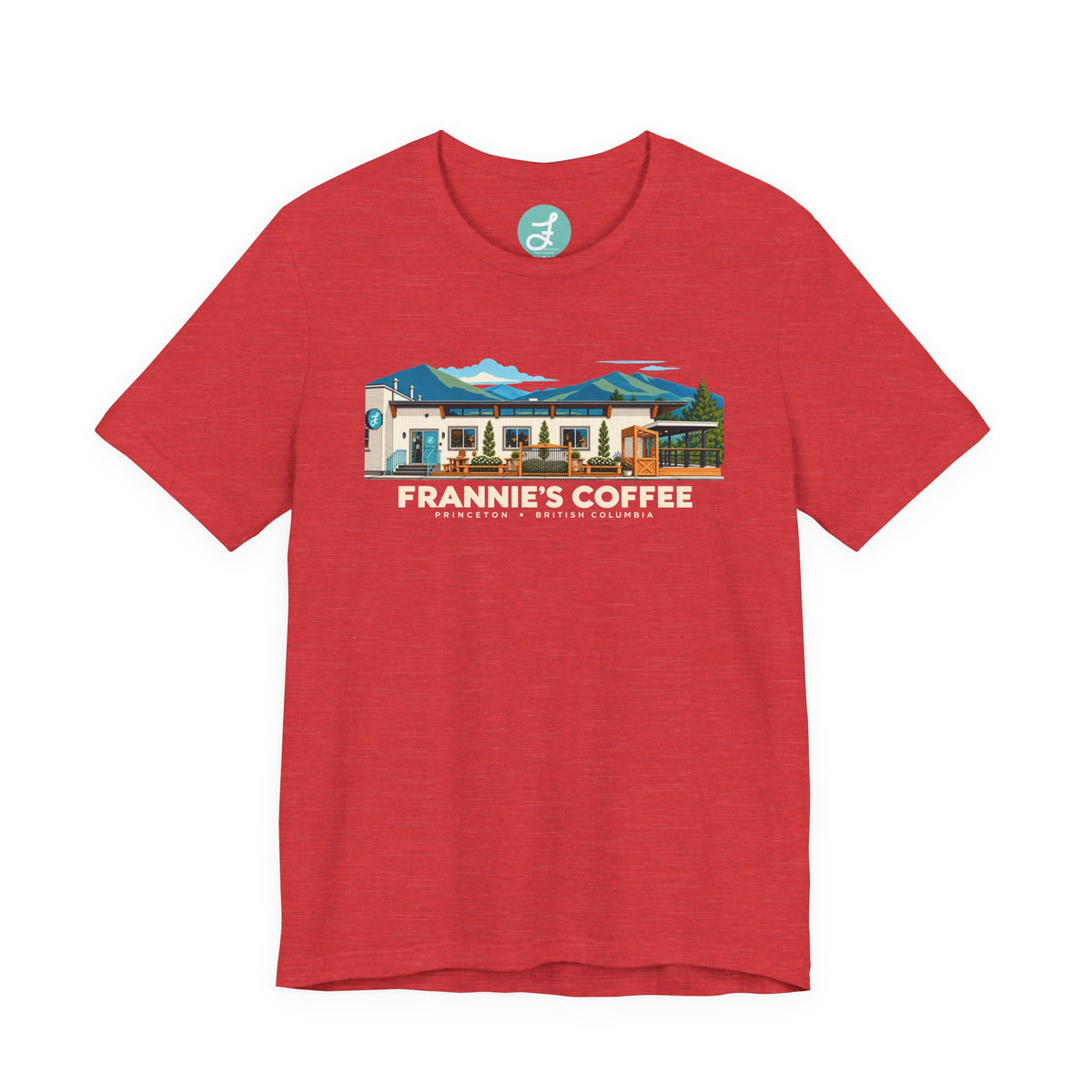 Frannie's Coffee Princeton, BC t-shirt in Heather Red: front with the Princeton café illustration