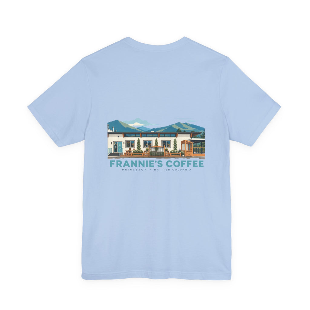 Frannie's Coffee Princeton, BC t-shirt in Baby Blue: back print of the Princeton café illustration