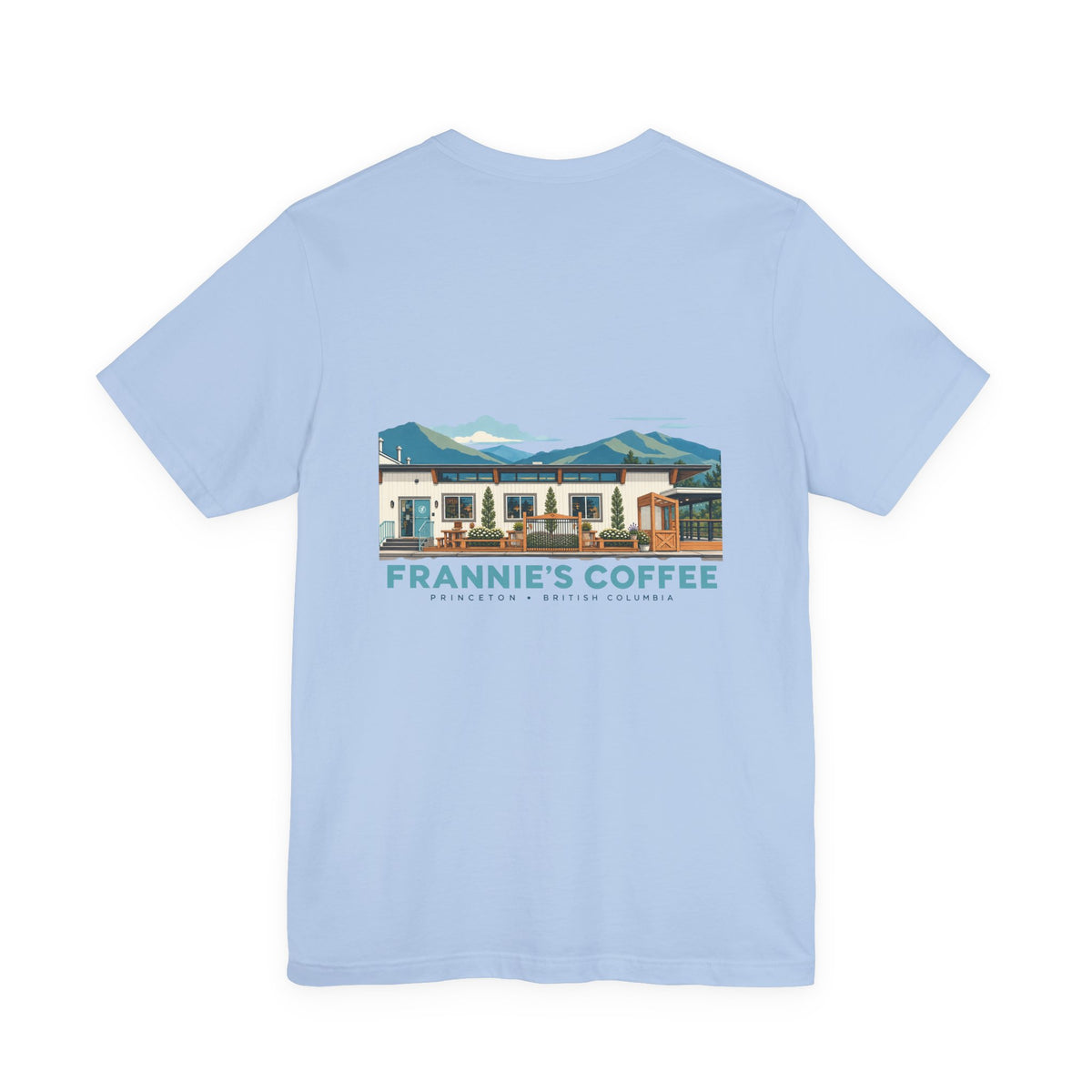Frannie's Coffee Princeton, BC t-shirt in Baby Blue: back print of the Princeton café illustration