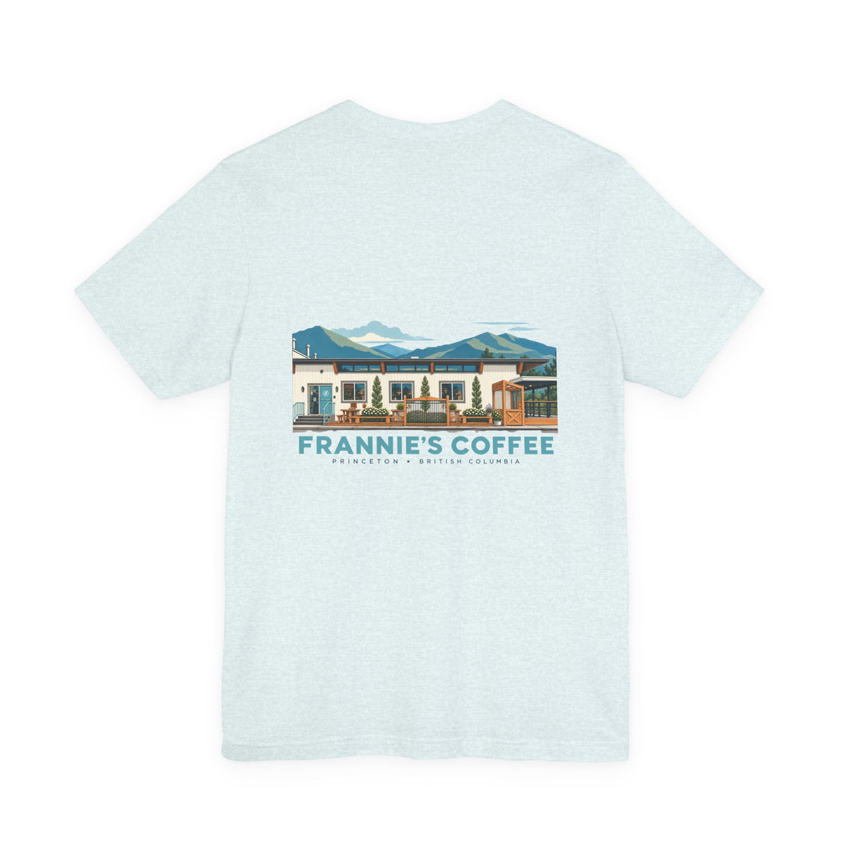 Frannie's Coffee Princeton, BC t-shirt in Heather Ice Blue: back print of the Princeton café illustration