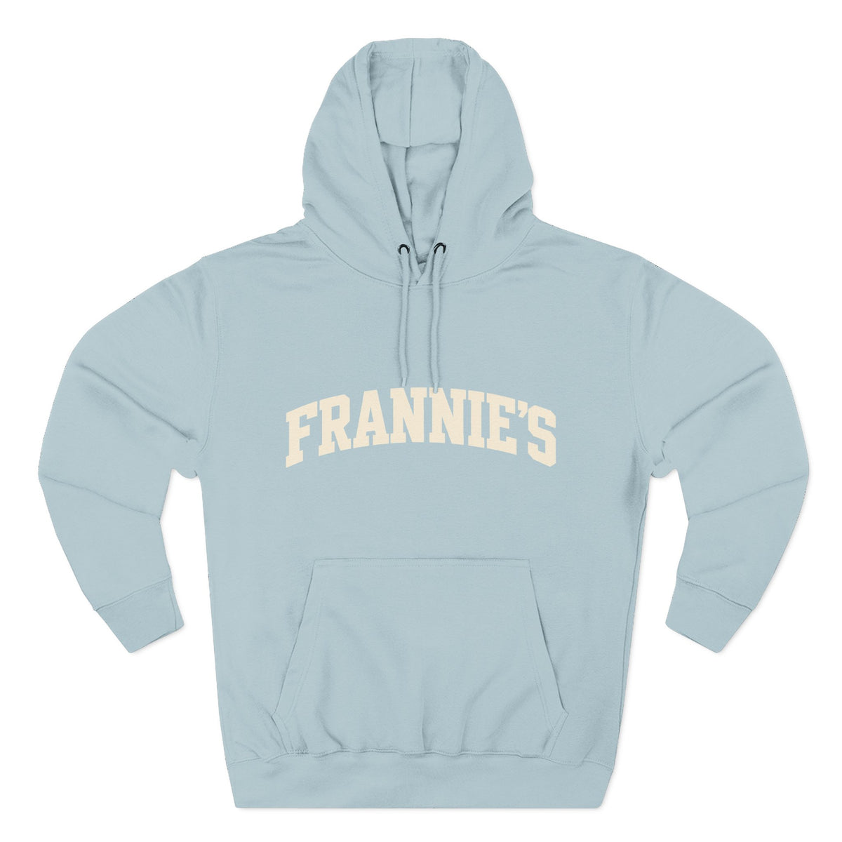 Frannie's varsity hoodie in Blue Mist: front with arched FRANNIE'S lettering