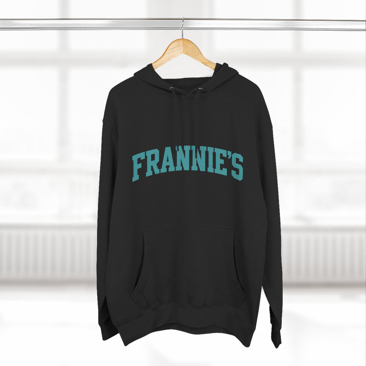 Frannie's varsity hoodie in Black: on a hanger