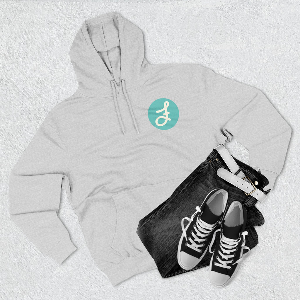 Frannie's Coffee logo hoodie in Heather Grey: laid flat with jeans and sneakers