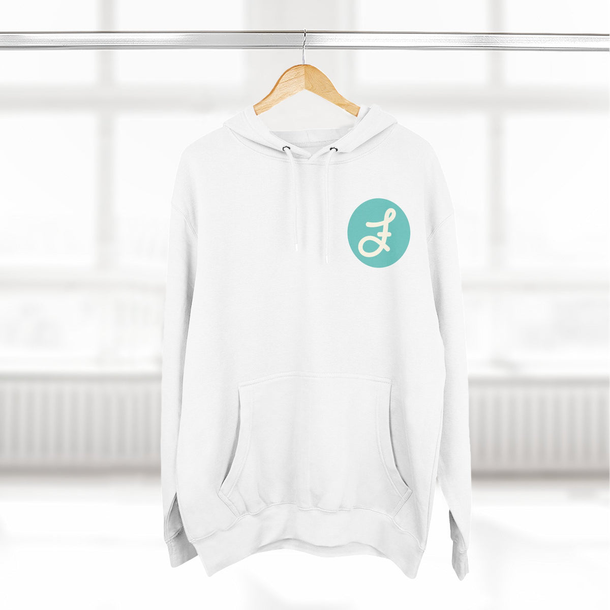 Frannie's Coffee logo hoodie in White: on a hanger