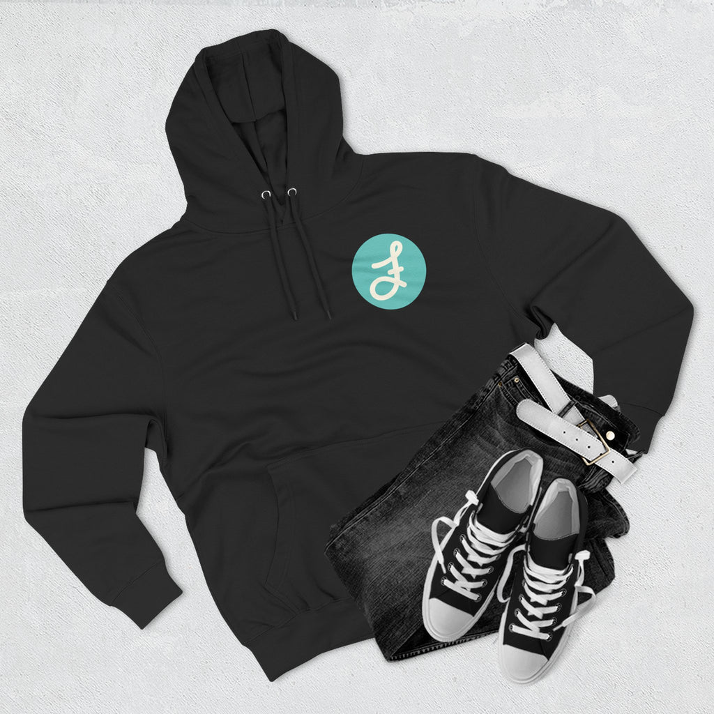 Frannie's Coffee logo hoodie in Black: laid flat with jeans and sneakers
