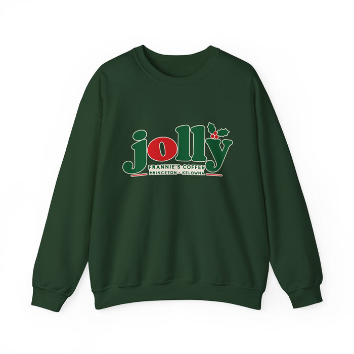 Frannie's Jolly Christmas Crewneck in Forest Green with the holly jolly Frannie's Coffee logo