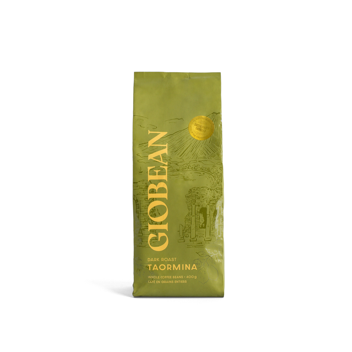 Giobean Taormina dark roast coffee bag, front view